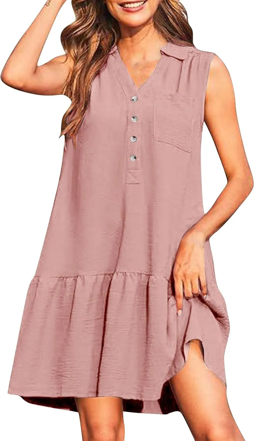 Sundresses for Women 2025 Loose Fit V-Neck Fashion Button Dress Summer Casual Sleeveless Solid Beach Dresses