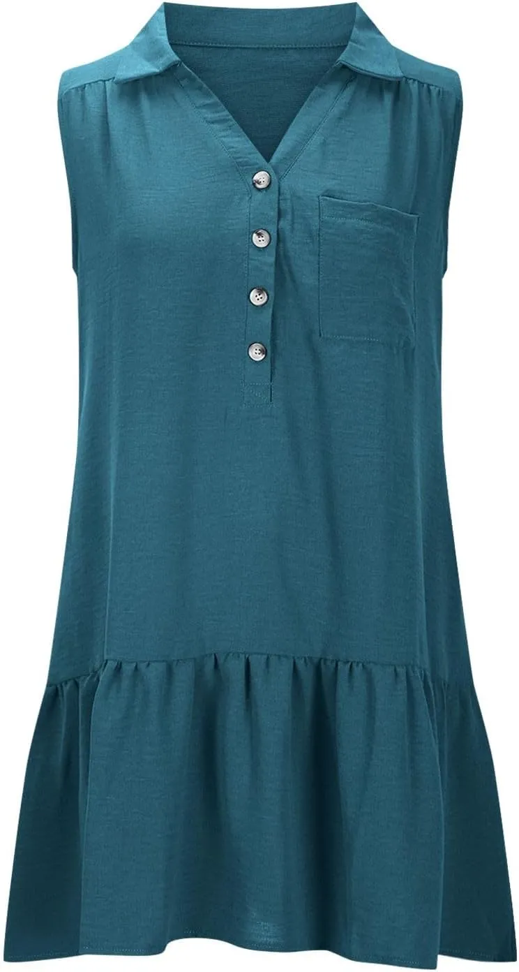 Sundresses for Women 2025 Loose Fit V-Neck Fashion Button Dress Summer Casual Sleeveless Solid Beach Dresses