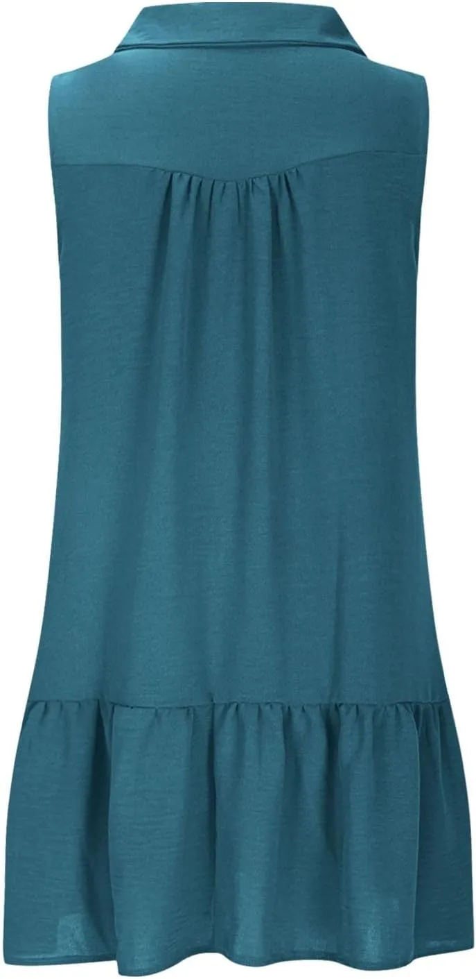 Sundresses for Women 2025 Loose Fit V-Neck Fashion Button Dress Summer Casual Sleeveless Solid Beach Dresses