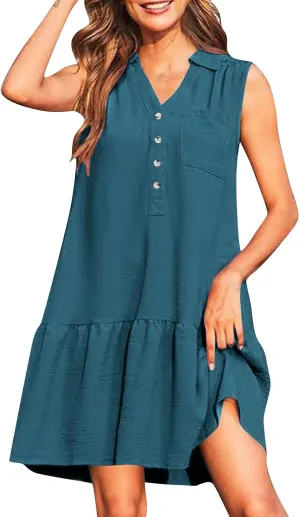 Sundresses for Women 2025 Loose Fit V-Neck Fashion Button Dress Summer Casual Sleeveless Solid Beach Dresses