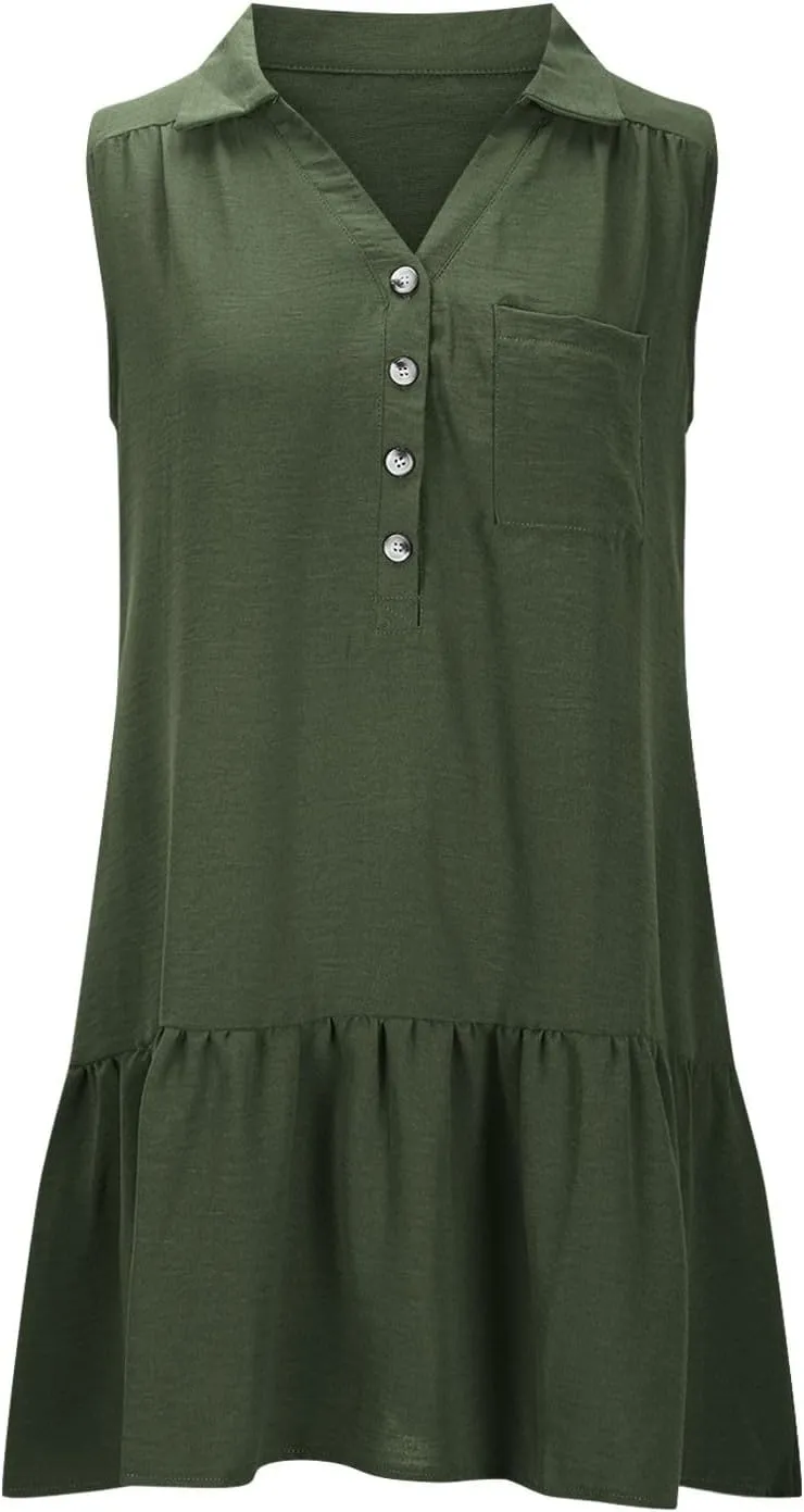 Sundresses for Women 2025 Loose Fit V-Neck Fashion Button Dress Summer Casual Sleeveless Solid Beach Dresses