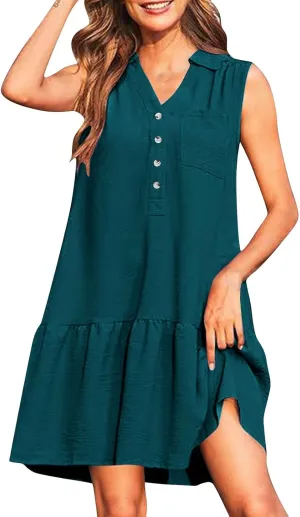Sundresses for Women 2025 Loose Fit V-Neck Fashion Button Dress Summer Casual Sleeveless Solid Beach Dresses