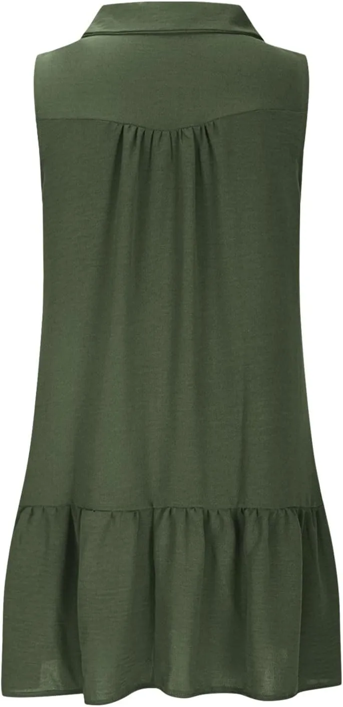 Sundresses for Women 2025 Loose Fit V-Neck Fashion Button Dress Summer Casual Sleeveless Solid Beach Dresses