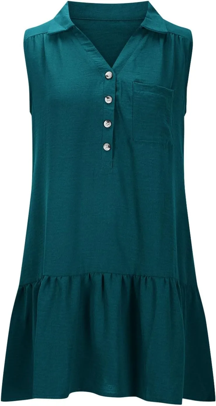 Sundresses for Women 2025 Loose Fit V-Neck Fashion Button Dress Summer Casual Sleeveless Solid Beach Dresses