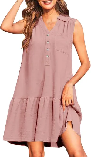 Sundresses for Women 2025 Loose Fit V-Neck Fashion Button Dress Summer Casual Sleeveless Solid Beach Dresses