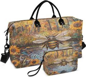 Sunflower Bee Amber Sports Gym Bag for Women Men Travel Duffel Bag Weekend Overnight Carry on Bag with Toiletry Bag Workout Dance Bag for Workout Swimming Yoga Plane Hospital