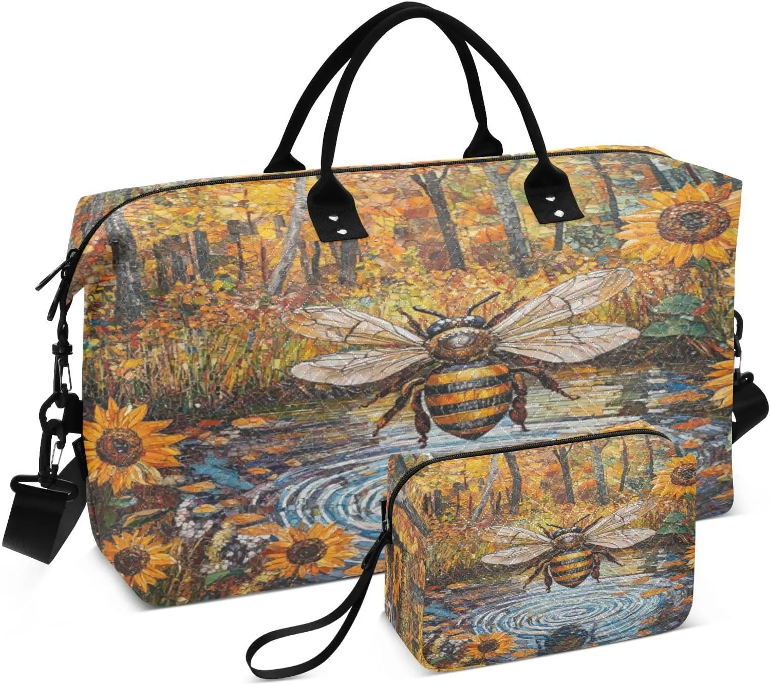 Sunflower Bee Amber Sports Gym Bag for Women Men Travel Duffel Bag Weekend Overnight Carry on Bag with Toiletry Bag Workout Dance Bag for Workout Swimming Yoga Plane Hospital