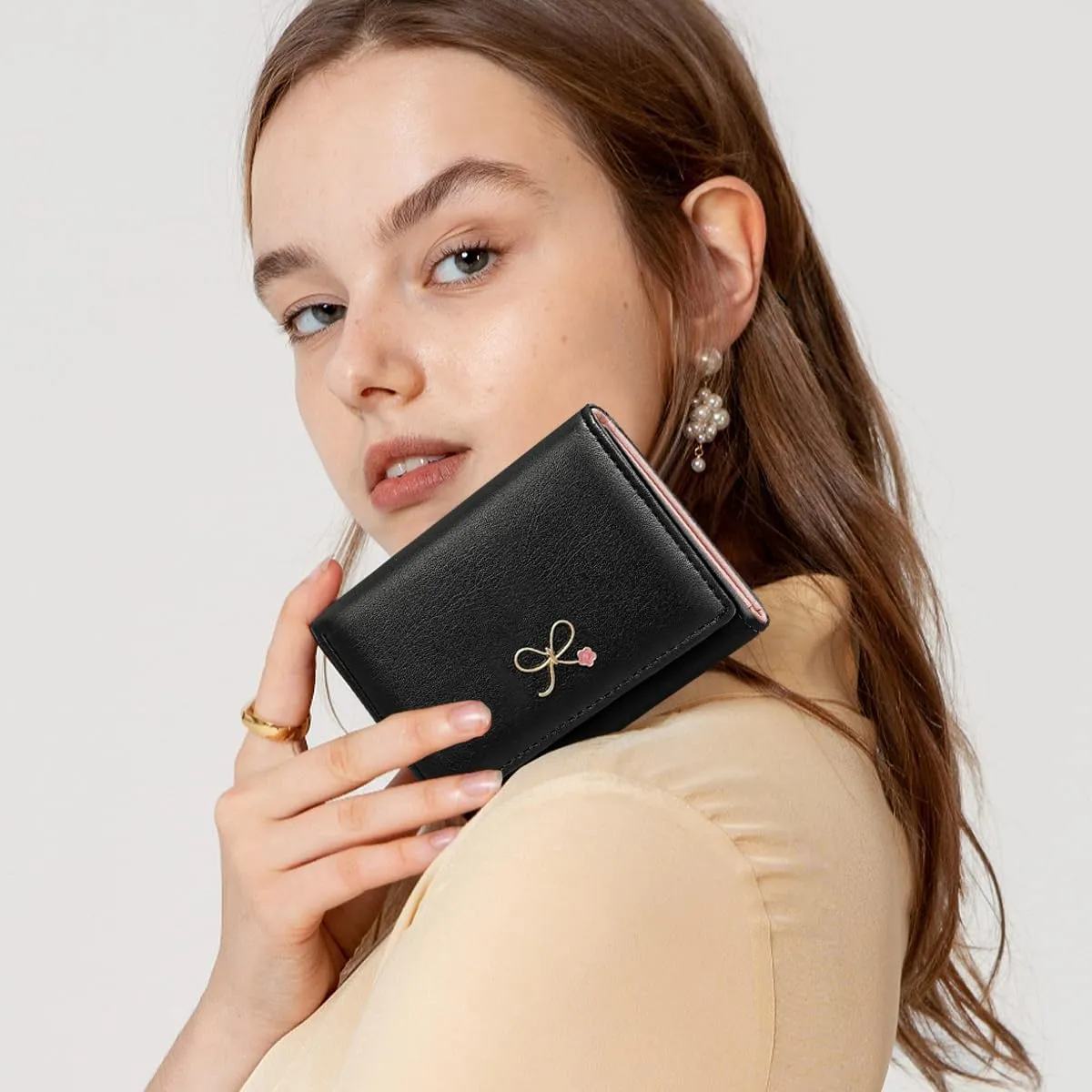 Sunwel Fashion Cute Coquette Bow Wallet with Key-chain Aesthetic Card Holder ID Window for Women Girls (271BLACK)
