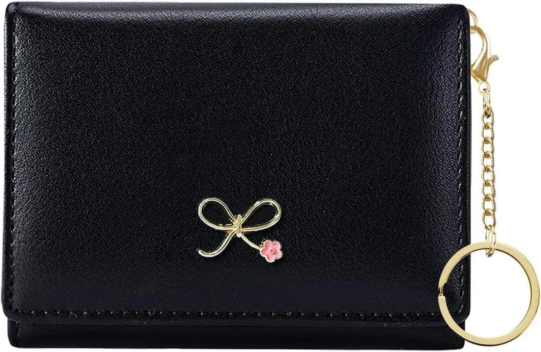 Sunwel Fashion Cute Coquette Bow Wallet with Key-chain Aesthetic Card Holder ID Window for Women Girls (271BLACK)
