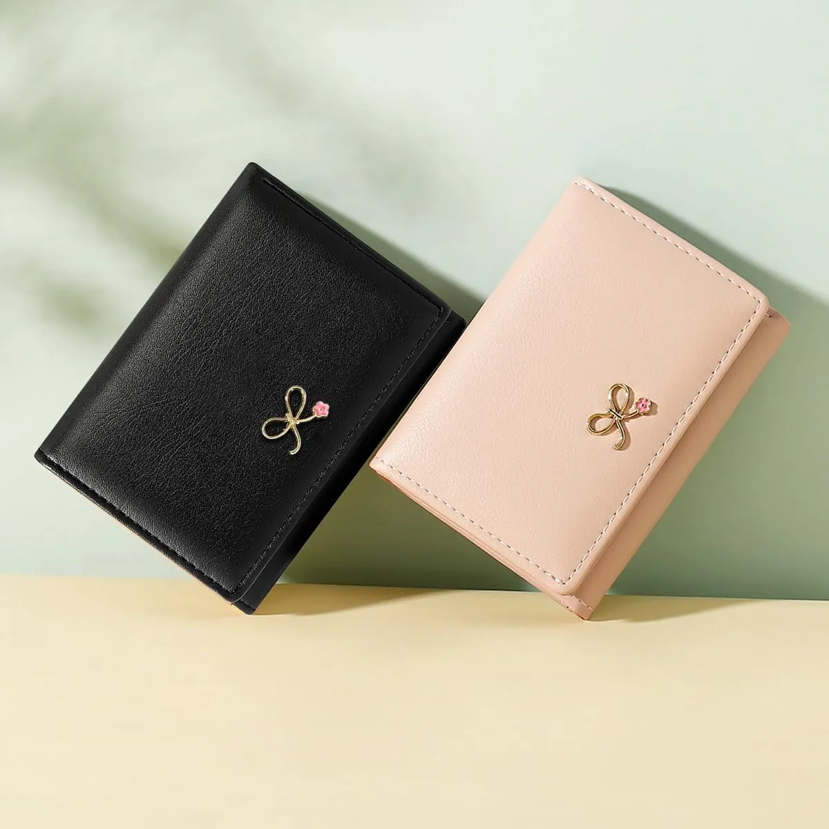 Sunwel Fashion Cute Coquette Bow Wallet with Key-chain Aesthetic Card Holder ID Window for Women Girls (271BLACK)