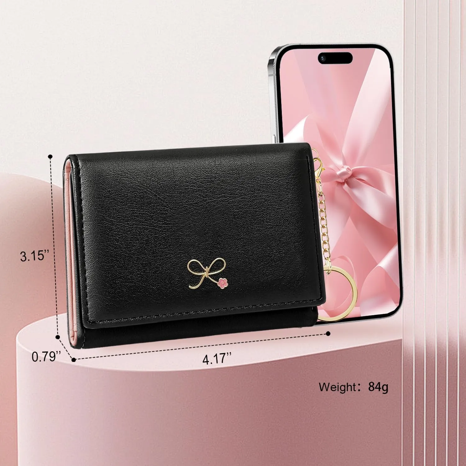 Sunwel Fashion Cute Coquette Bow Wallet with Key-chain Aesthetic Card Holder ID Window for Women Girls (271BLACK)