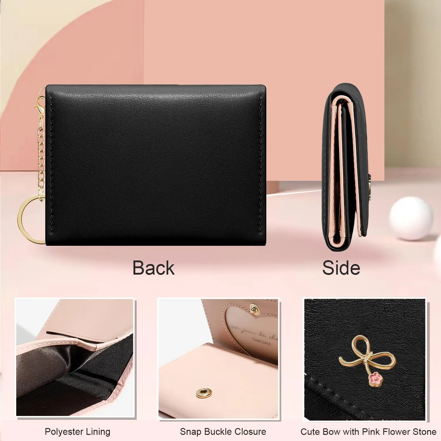Sunwel Fashion Cute Coquette Bow Wallet with Key-chain Aesthetic Card Holder ID Window for Women Girls (271BLACK)