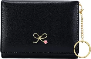 Sunwel Fashion Cute Coquette Bow Wallet with Key-chain Aesthetic Card Holder ID Window for Women Girls (271BLACK)