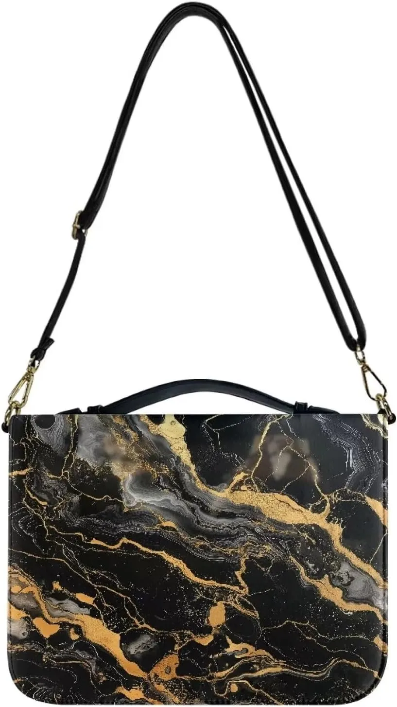 Suobstales Black Marble Print Bible Cover for Men Women PU Leather Carrying Book Case Bible Bag Large Size Bible Case Church Bag Bible Protective with Handle and Shoulder Strap, M