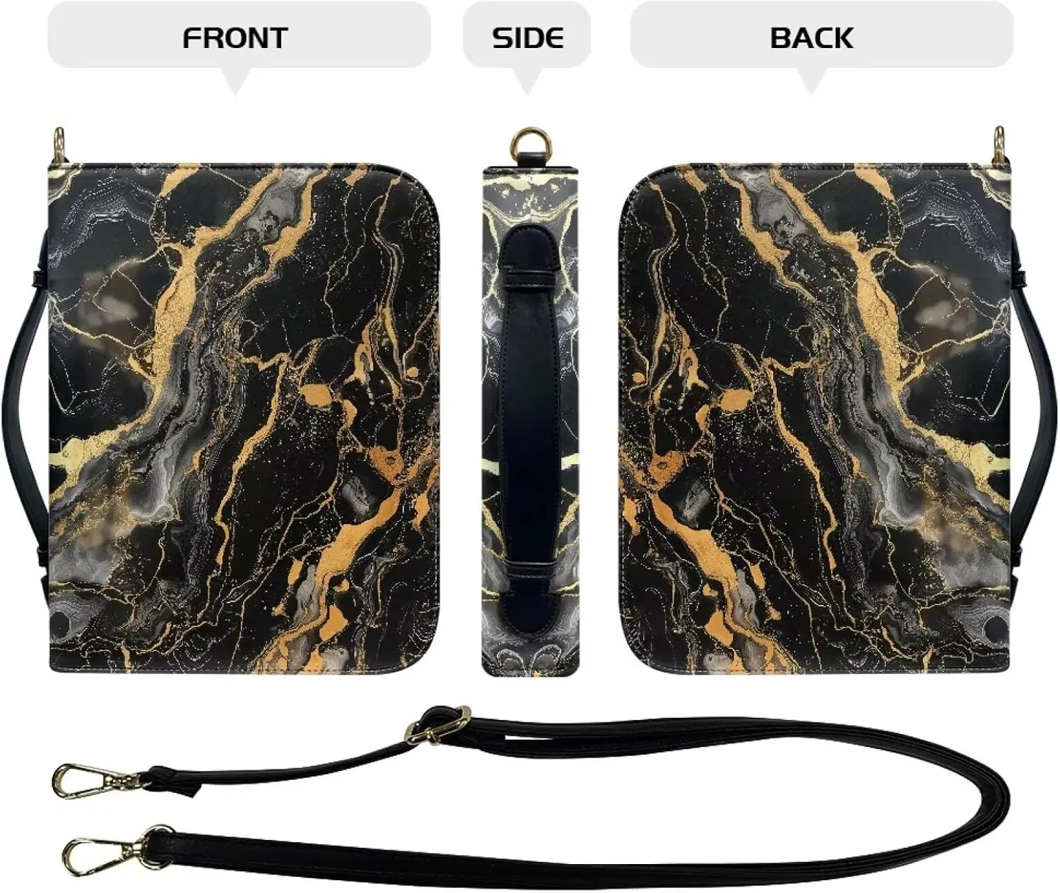 Suobstales Black Marble Print Bible Cover for Men Women PU Leather Carrying Book Case Bible Bag Large Size Bible Case Church Bag Bible Protective with Handle and Shoulder Strap, M