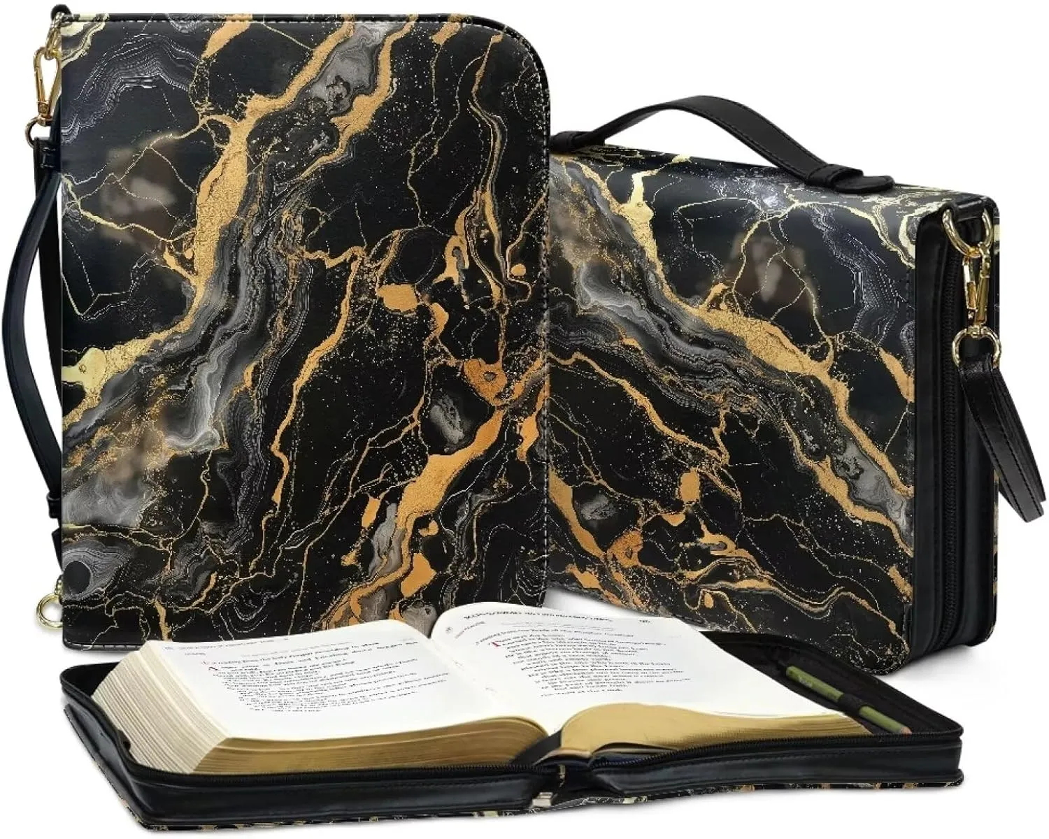 Suobstales Black Marble Print Bible Cover for Men Women PU Leather Carrying Book Case Bible Bag Large Size Bible Case Church Bag Bible Protective with Handle and Shoulder Strap, M