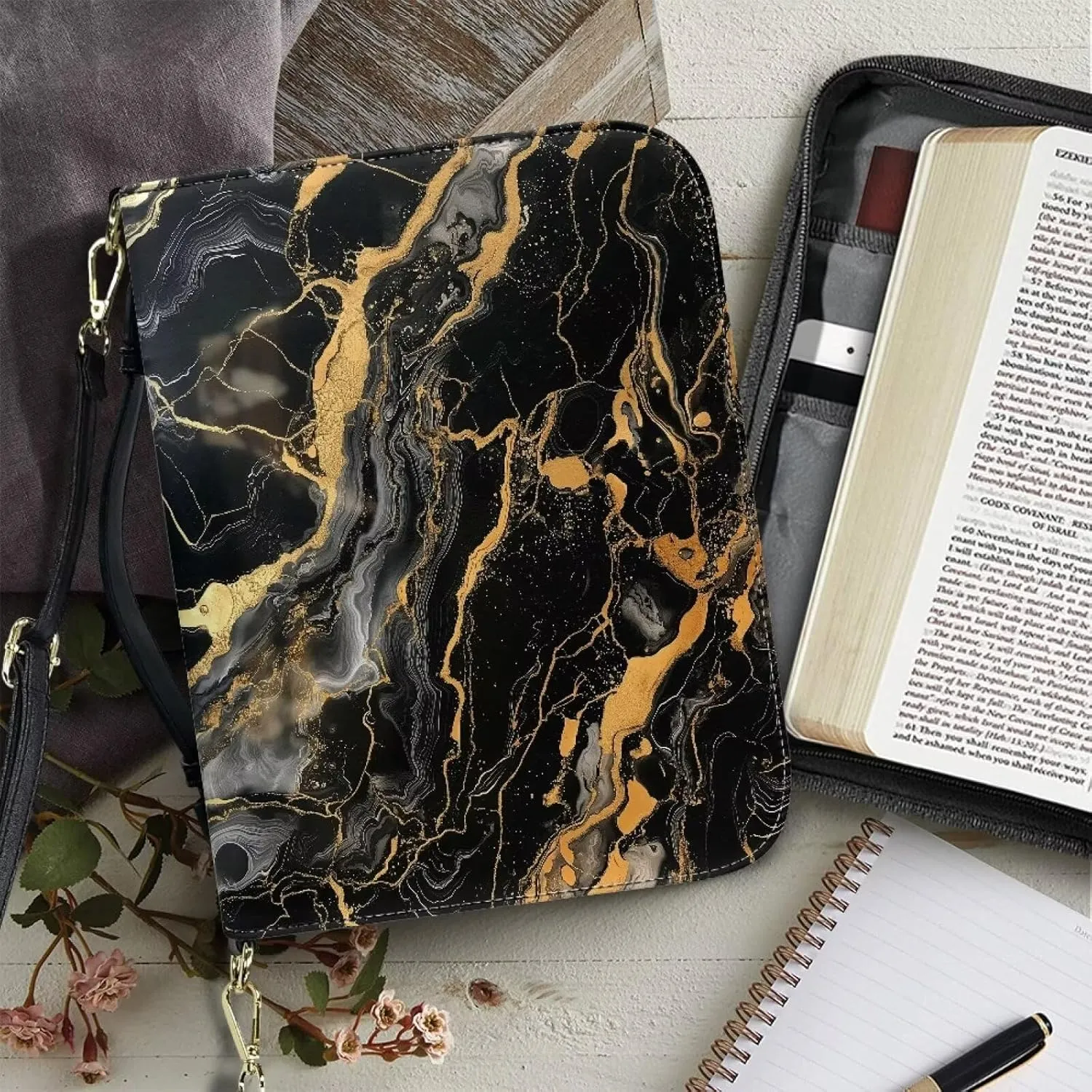 Suobstales Black Marble Print Bible Cover for Men Women PU Leather Carrying Book Case Bible Bag Large Size Bible Case Church Bag Bible Protective with Handle and Shoulder Strap, M