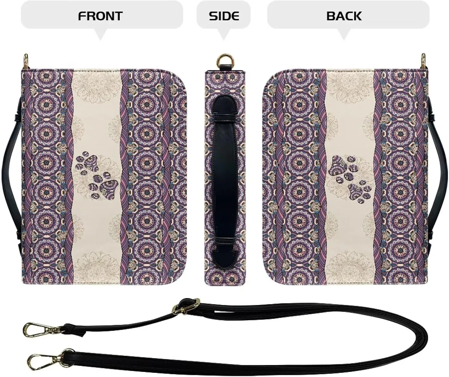 Suobstales Boho Mandala Dog Paw Pattern Bible Covers for Women Men PU Leather Bible Case Bible Bag Bible Accessories with Handle and Shoulder Strap Multifunctional Bible Tote Bag for Kids, 2XL