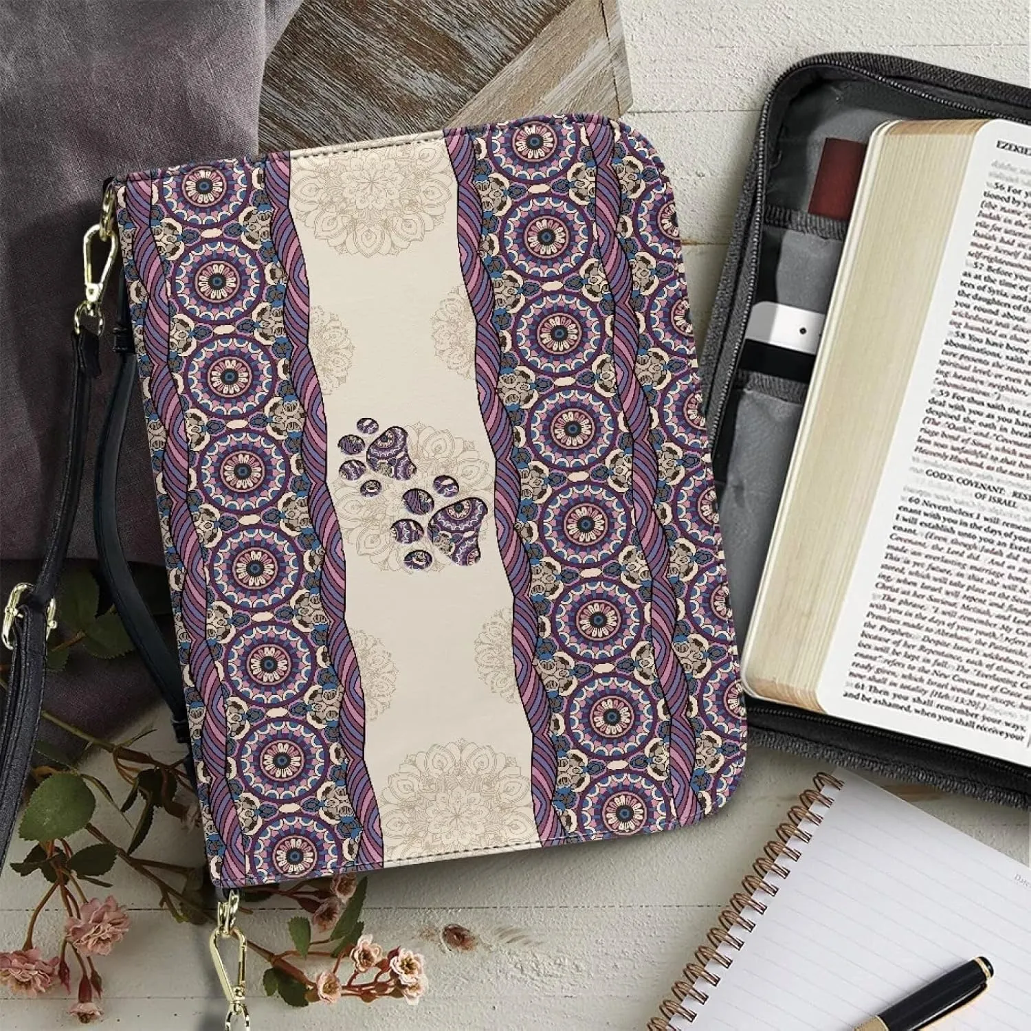 Suobstales Boho Mandala Dog Paw Pattern Bible Covers for Women Men PU Leather Bible Case Bible Bag Bible Accessories with Handle and Shoulder Strap Multifunctional Bible Tote Bag for Kids, 2XL