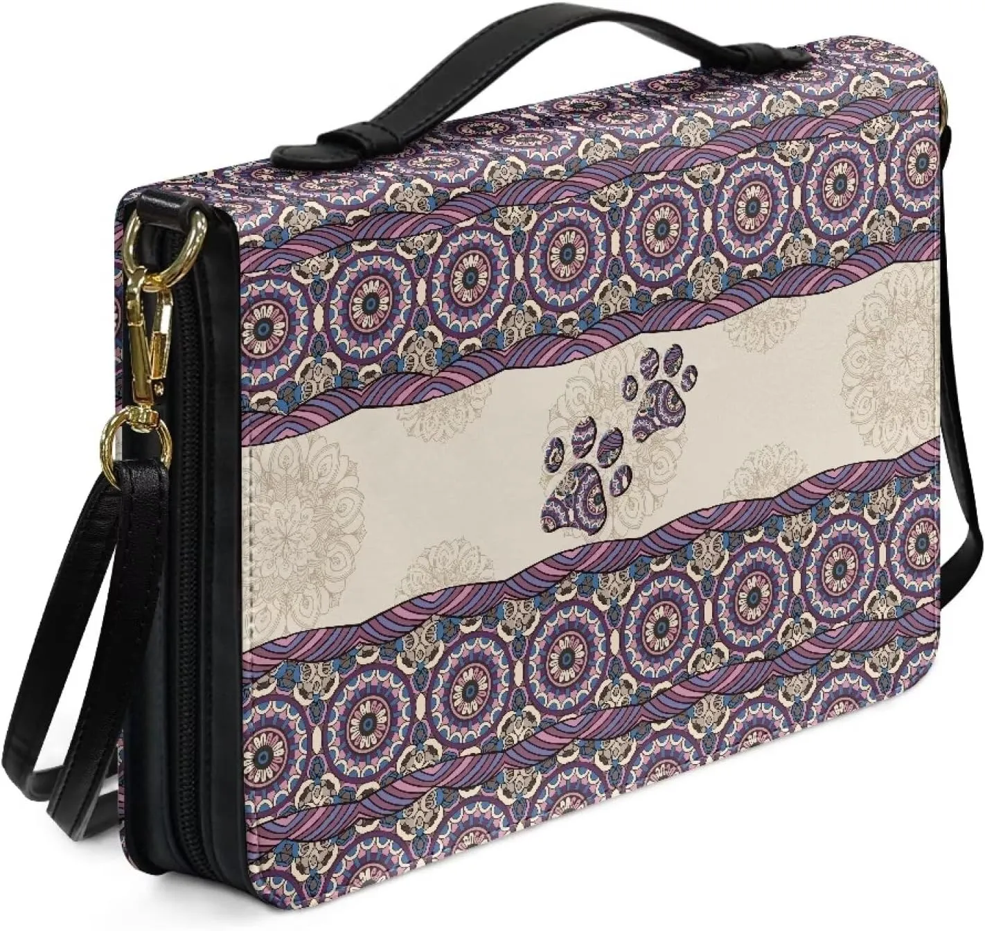 Suobstales Boho Mandala Dog Paw Pattern Bible Covers for Women Men PU Leather Bible Case Bible Bag Bible Accessories with Handle and Shoulder Strap Multifunctional Bible Tote Bag for Kids, 2XL