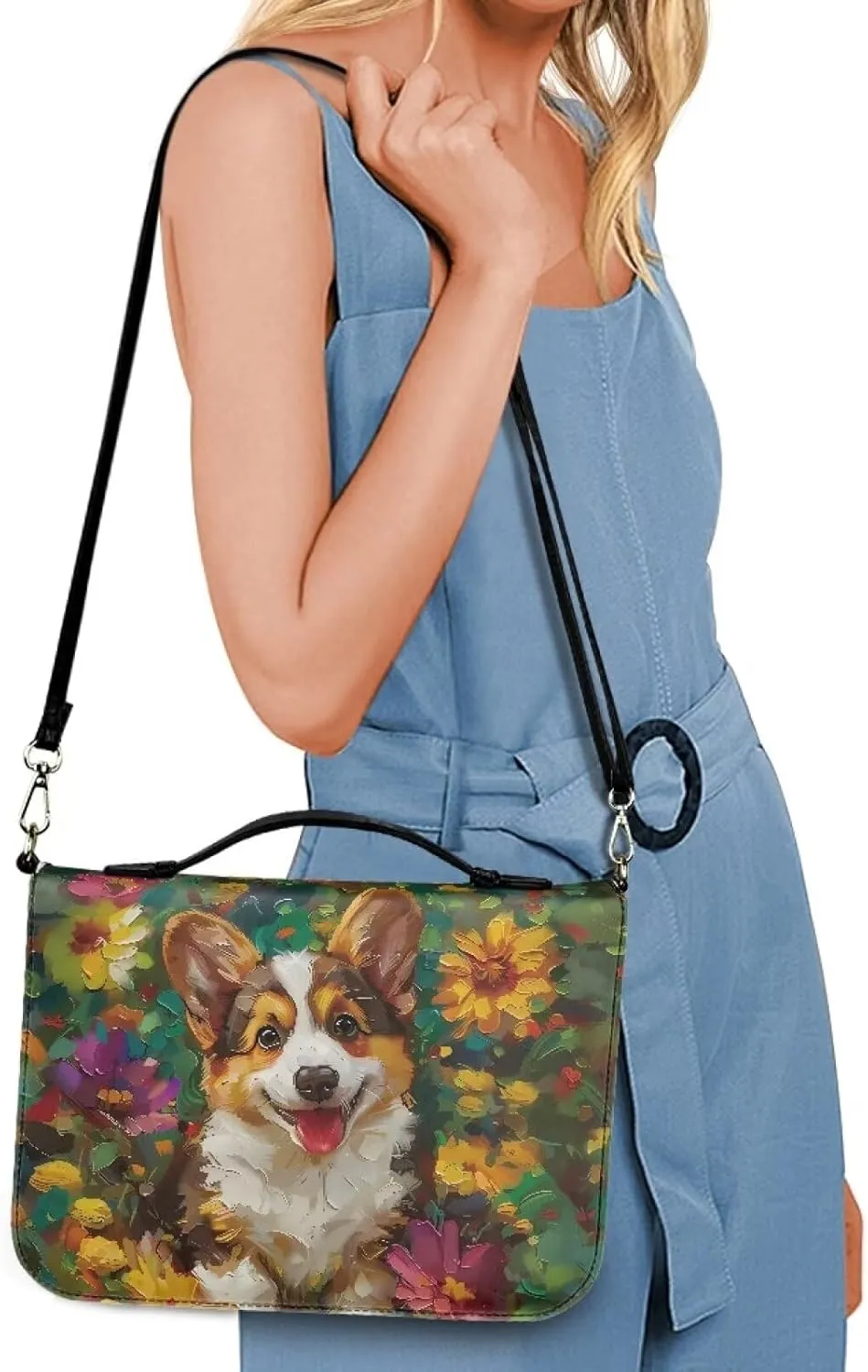 Suobstales Corgi Dog Daisy Print Bible Cover for Men Women Leather Bible Case Large Bible Carrying Case Bible Carrier with Shoulder Strap, Study Bible Tote Bag Handbag for Bible Accessories, 2XL