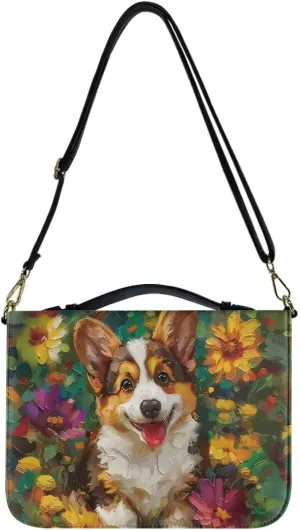 Suobstales Corgi Dog Daisy Print Bible Cover for Men Women Leather Bible Case Large Bible Carrying Case Bible Carrier with Shoulder Strap, Study Bible Tote Bag Handbag for Bible Accessories, 2XL