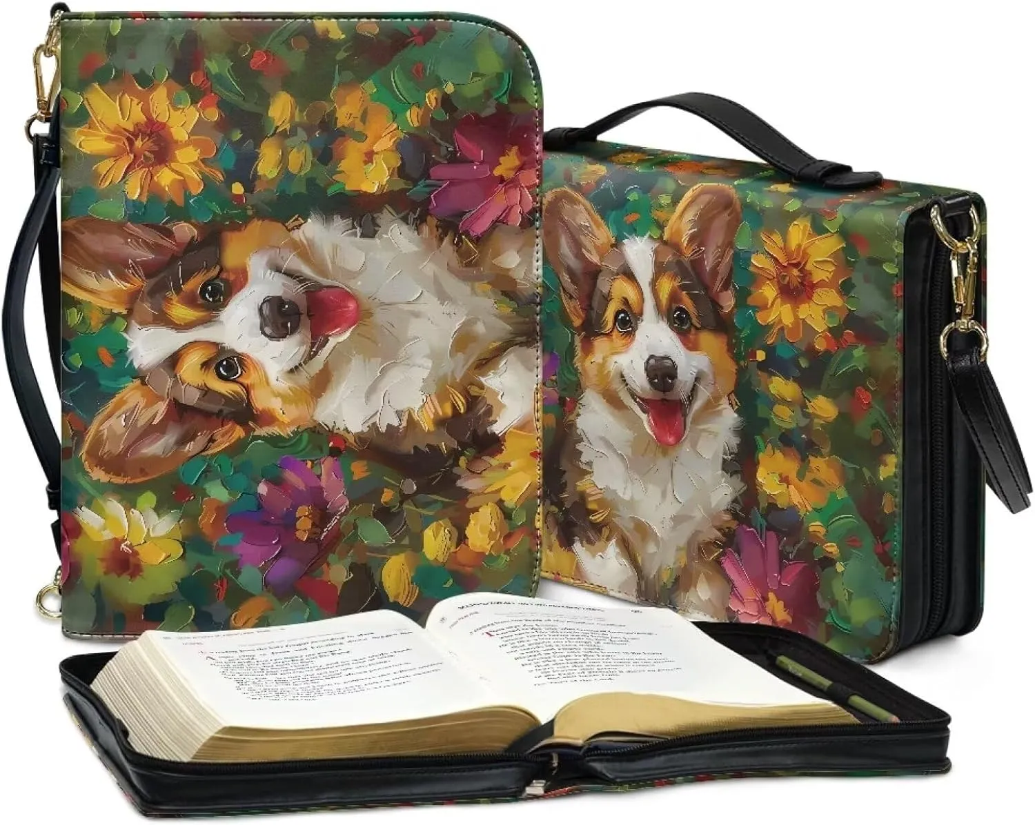 Suobstales Corgi Dog Daisy Print Bible Cover for Men Women Leather Bible Case Large Bible Carrying Case Bible Carrier with Shoulder Strap, Study Bible Tote Bag Handbag for Bible Accessories, 2XL