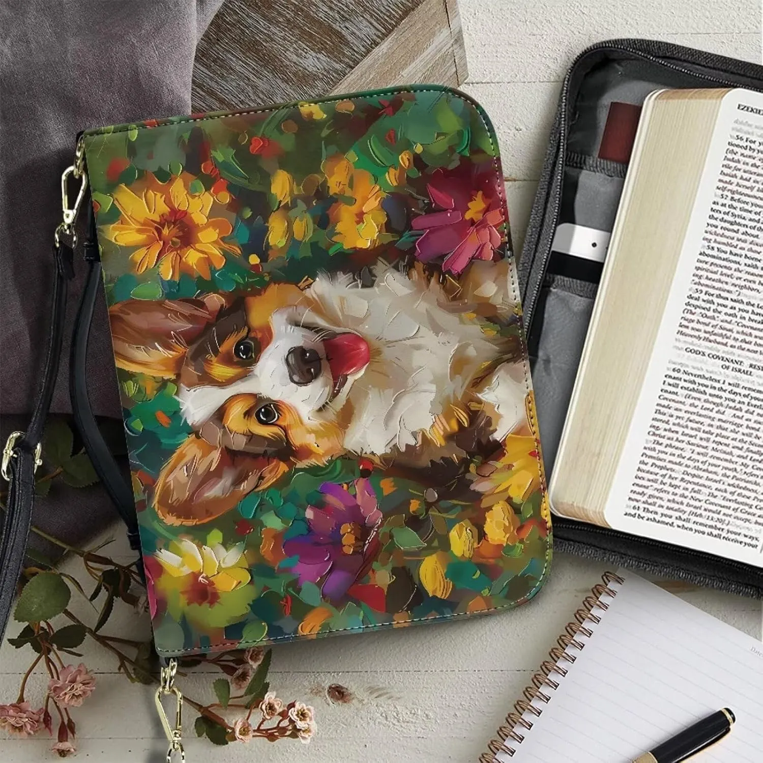 Suobstales Corgi Dog Daisy Print Bible Cover for Men Women Leather Bible Case Large Bible Carrying Case Bible Carrier with Shoulder Strap, Study Bible Tote Bag Handbag for Bible Accessories, 2XL