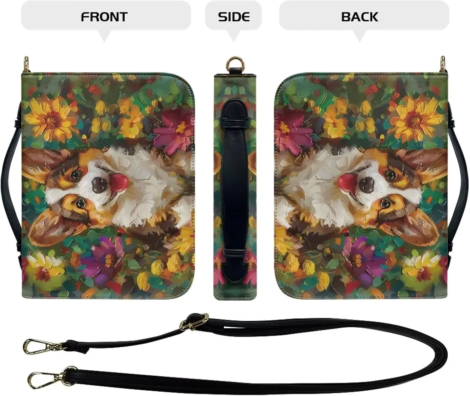 Suobstales Corgi Dog Daisy Print Bible Cover for Men Women Leather Bible Case Large Bible Carrying Case Bible Carrier with Shoulder Strap, Study Bible Tote Bag Handbag for Bible Accessories, 2XL