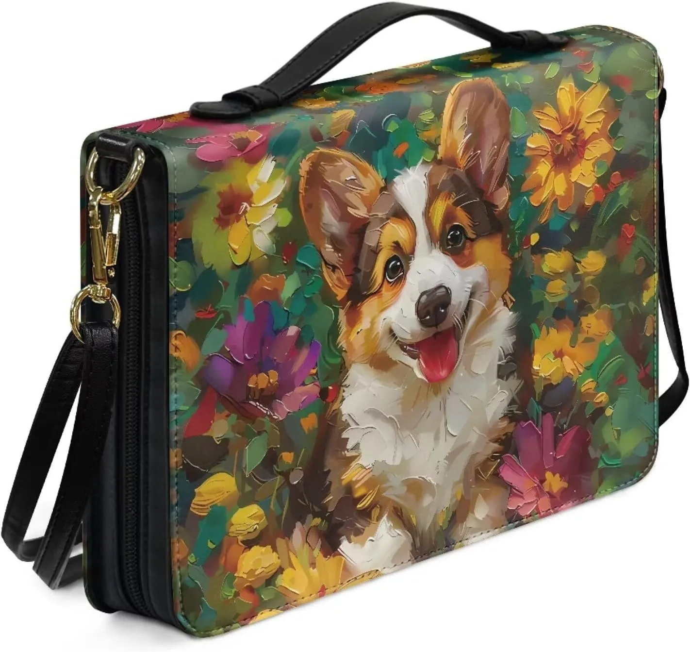Suobstales Corgi Dog Daisy Print Bible Cover for Men Women Leather Bible Case Large Bible Carrying Case Bible Carrier with Shoulder Strap, Study Bible Tote Bag Handbag for Bible Accessories, 2XL