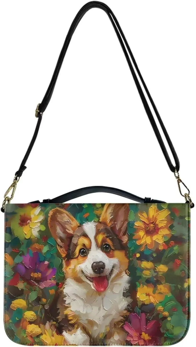 Suobstales Corgi Dog Daisy Print Bible Cover for Men Women Leather Bible Case Large Bible Carrying Case Bible Carrier with Shoulder Strap, Study Bible Tote Bag Handbag for Bible Accessories, 2XL