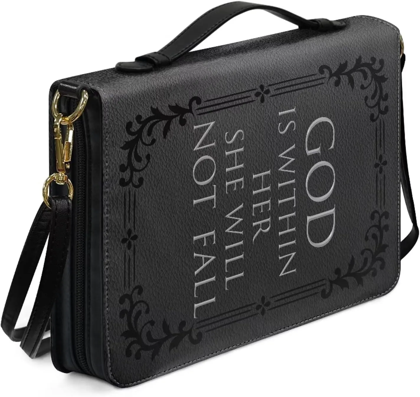 Suobstales Cross Floral Print Bible Cover with Shoulder Strap and Handle, God is Within Her PU Leather Bible Carrying Case for Women Men Kids Teens, Portable Bible Tote Bag Bible Book Cover, XL