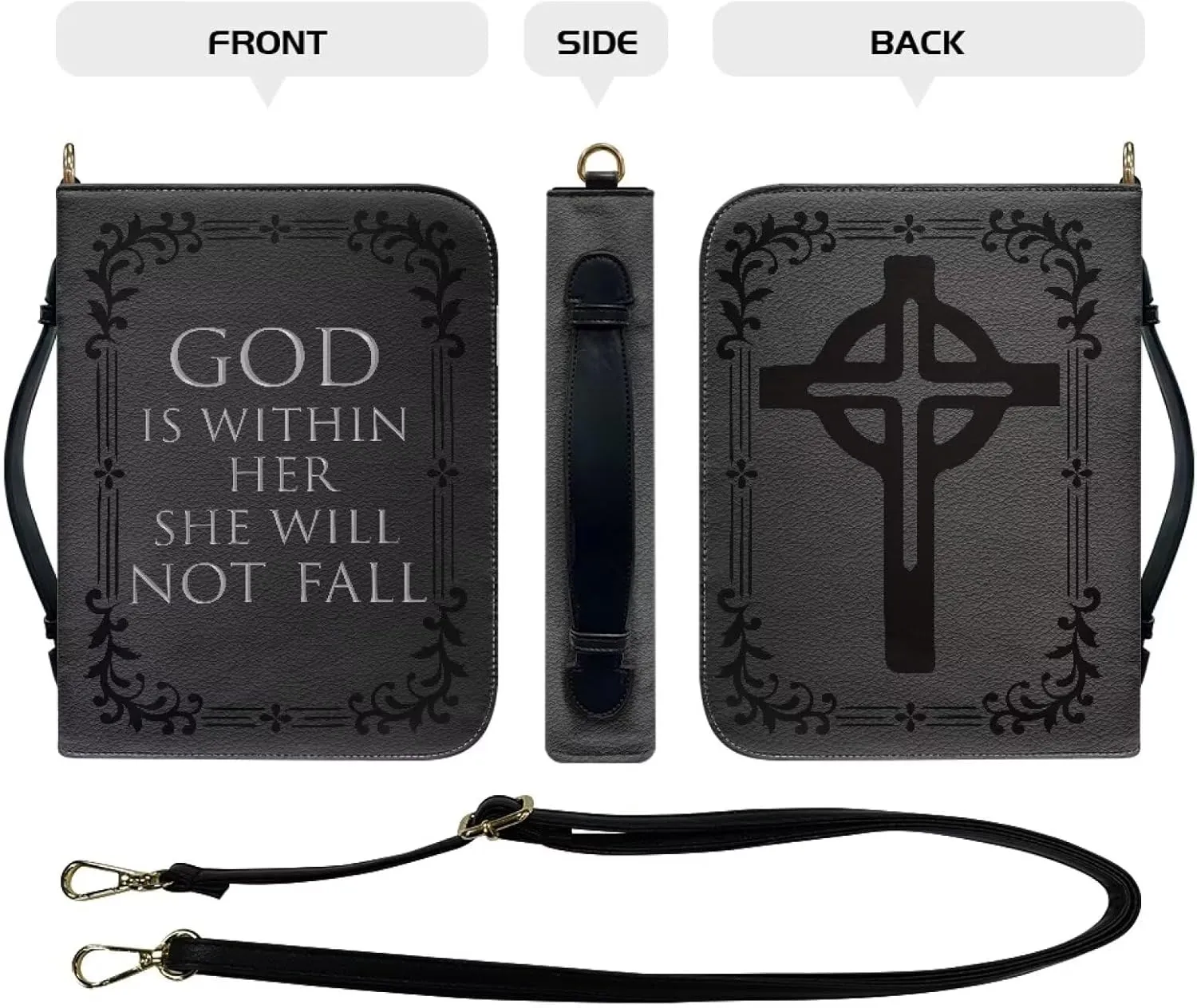 Suobstales Cross Floral Print Bible Cover with Shoulder Strap and Handle, God is Within Her PU Leather Bible Carrying Case for Women Men Kids Teens, Portable Bible Tote Bag Bible Book Cover, XL