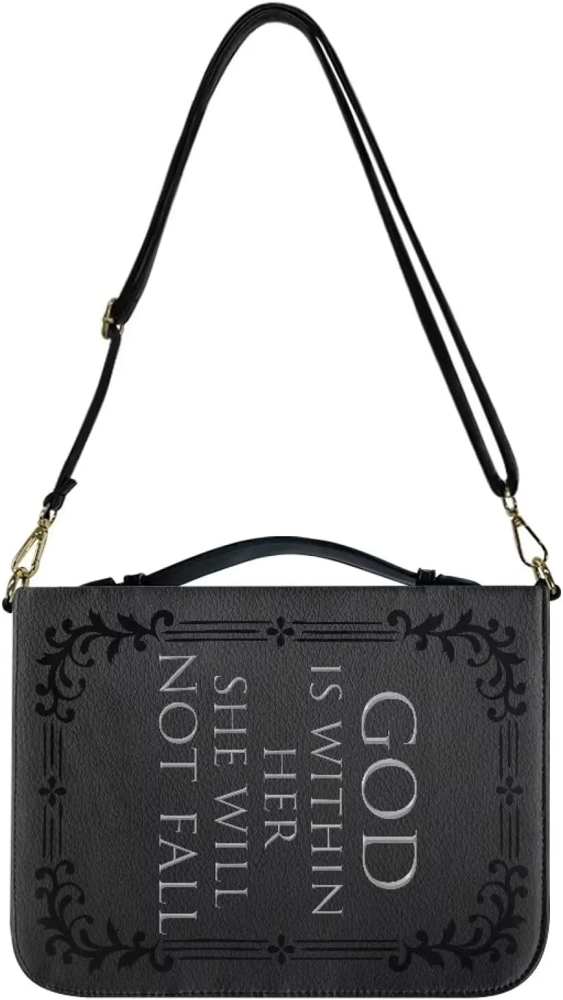 Suobstales Cross Floral Print Bible Cover with Shoulder Strap and Handle, God is Within Her PU Leather Bible Carrying Case for Women Men Kids Teens, Portable Bible Tote Bag Bible Book Cover, XL