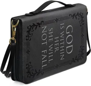 Suobstales Cross Floral Print Bible Cover with Shoulder Strap and Handle, God is Within Her PU Leather Bible Carrying Case for Women Men Kids Teens, Portable Bible Tote Bag Bible Book Cover, XL