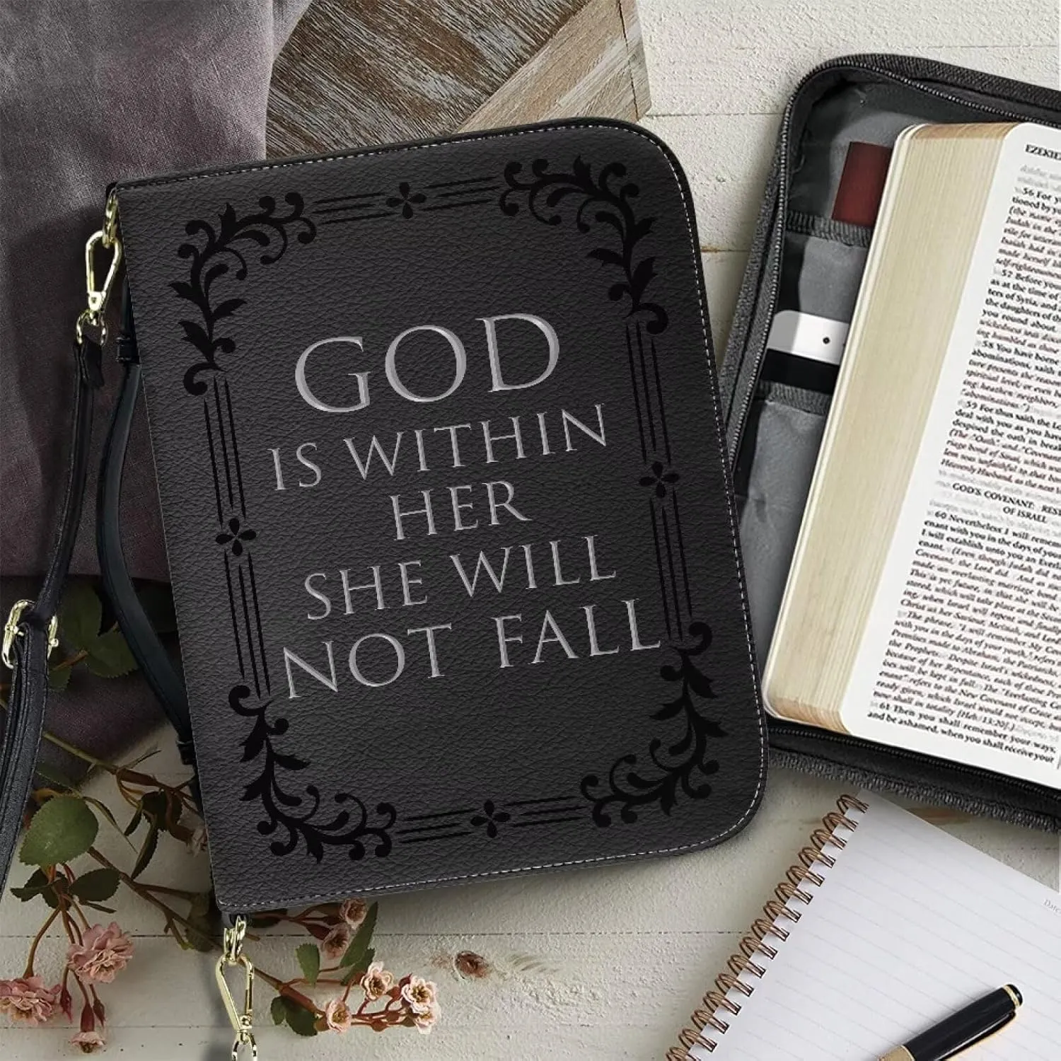 Suobstales Cross Floral Print Bible Cover with Shoulder Strap and Handle, God is Within Her PU Leather Bible Carrying Case for Women Men Kids Teens, Portable Bible Tote Bag Bible Book Cover, XL
