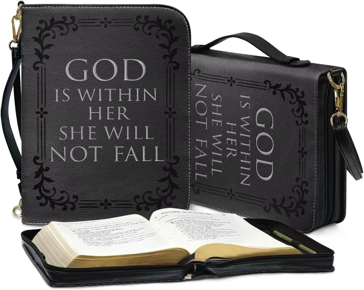 Suobstales Cross Floral Print Bible Cover with Shoulder Strap and Handle, God is Within Her PU Leather Bible Carrying Case for Women Men Kids Teens, Portable Bible Tote Bag Bible Book Cover, XL