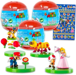 Super Mario Party Favors Set for Kids - Bundle with 3 Buildable Figure Blind Capsules Plus Stickers Party Supplies for Boys and Girls