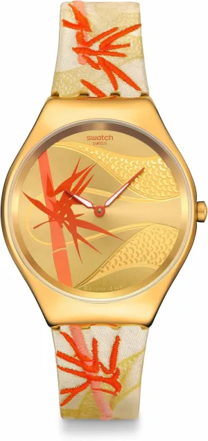 Swatch Casual Watch Unisex Yellow Stainless Steel Quartz Golden RED Bamboo