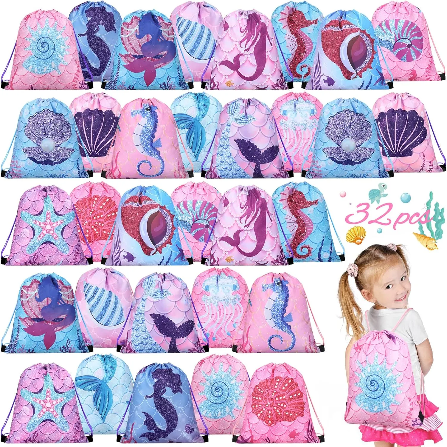 Sweetude 32 Pcs Mermaid Drawstring Backpack Mermaid Party Favor Bags Candy Gifts Sea Mermaid Goodie Bags Mermaid Treat Bags for Birthday Party School Travel, 10 x 12 Inch