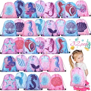 Sweetude 32 Pcs Mermaid Drawstring Backpack Mermaid Party Favor Bags Candy Gifts Sea Mermaid Goodie Bags Mermaid Treat Bags for Birthday Party School Travel, 10 x 12 Inch
