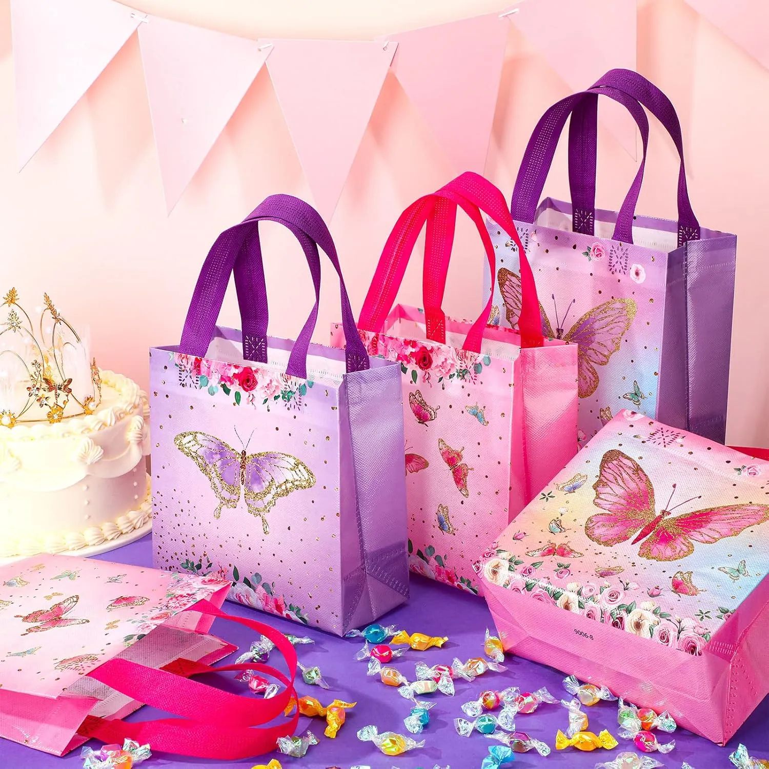 Sweetude 40 Pcs Butterfly Gift Bags Pink and Purple Reusable Totes with Handles Non Woven Butterfly Stylish Candy Bags for Birthday Party