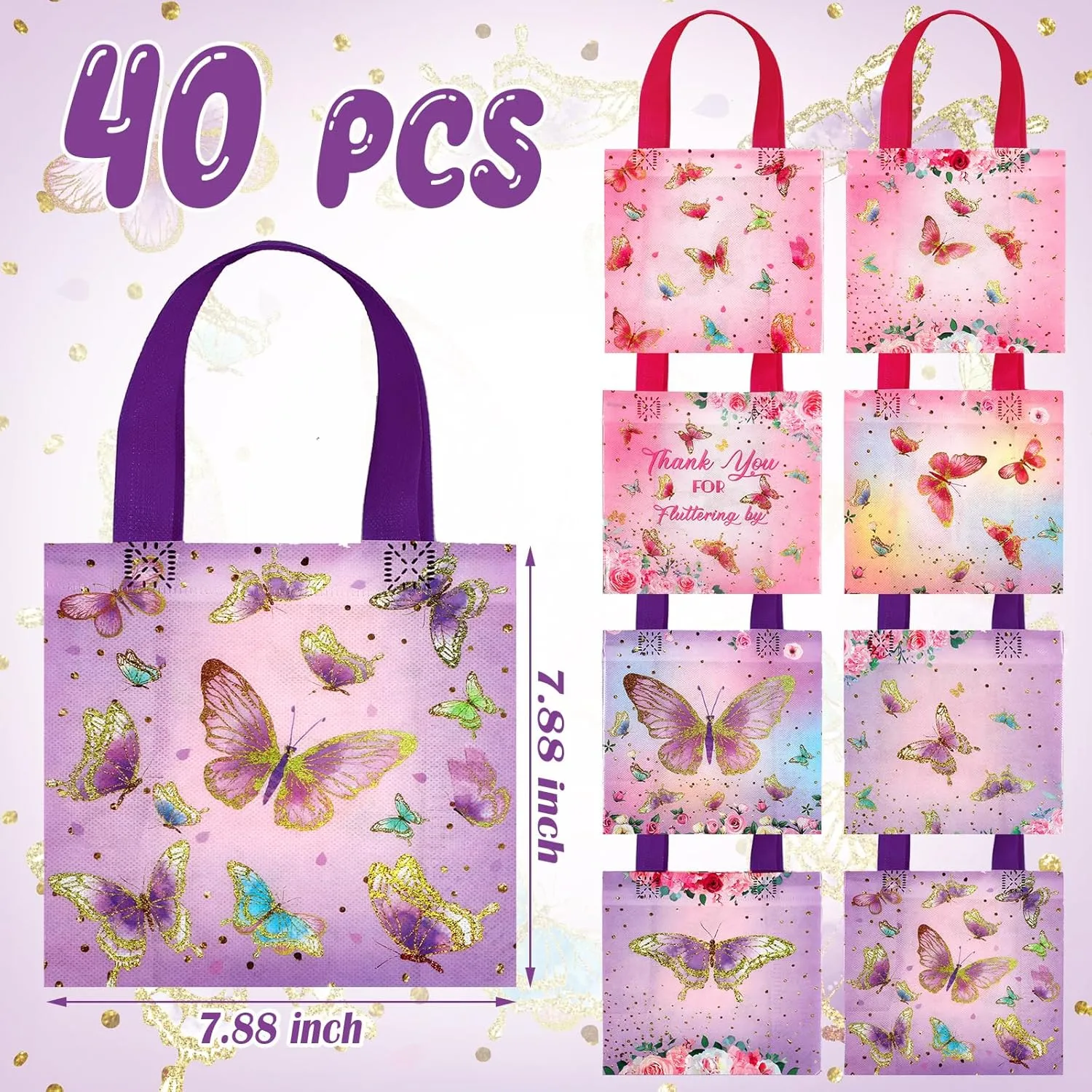 Sweetude 40 Pcs Butterfly Gift Bags Pink and Purple Reusable Totes with Handles Non Woven Butterfly Stylish Candy Bags for Birthday Party