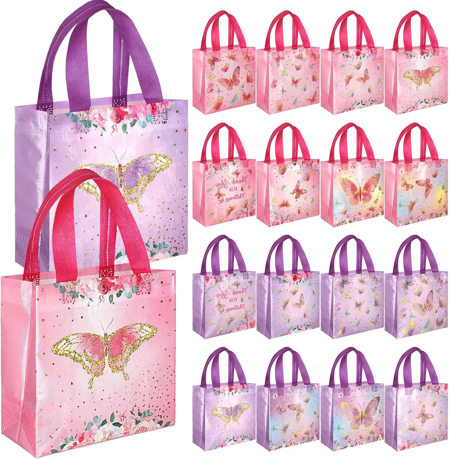 Sweetude 40 Pcs Butterfly Gift Bags Pink and Purple Reusable Totes with Handles Non Woven Butterfly Stylish Candy Bags for Birthday Party