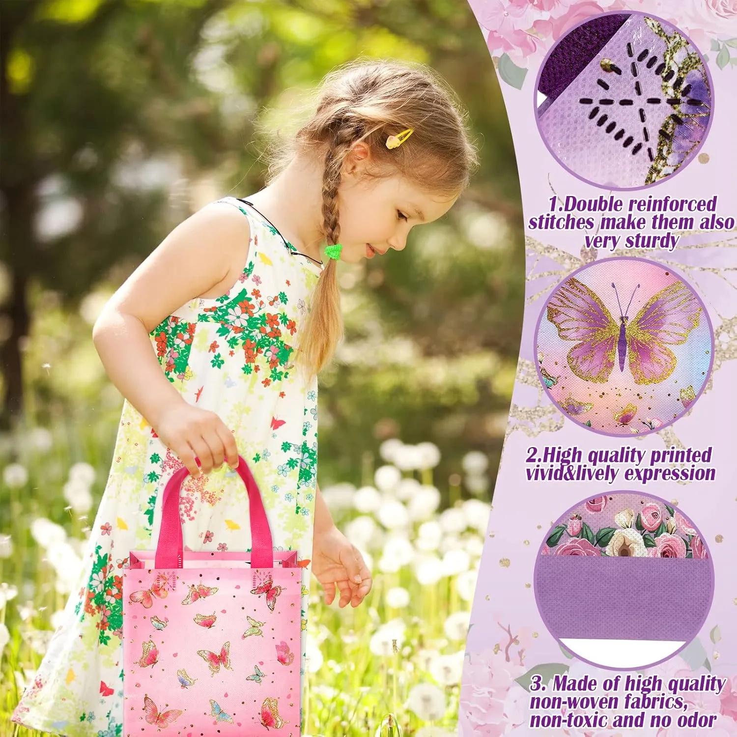 Sweetude 40 Pcs Butterfly Gift Bags Pink and Purple Reusable Totes with Handles Non Woven Butterfly Stylish Candy Bags for Birthday Party