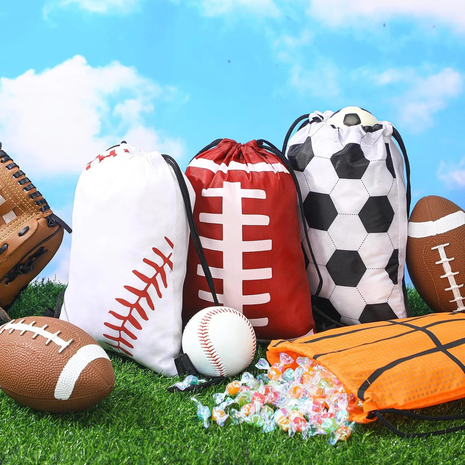 Tanlade 24 Pcs Sport Drawstring Bags Cinch Sack Candy Drawstring Bag Sport Party Goodie Favor Bags Supplies Gifts for Sports Party Men Women (Mixed ball,7 x 10 Inch)