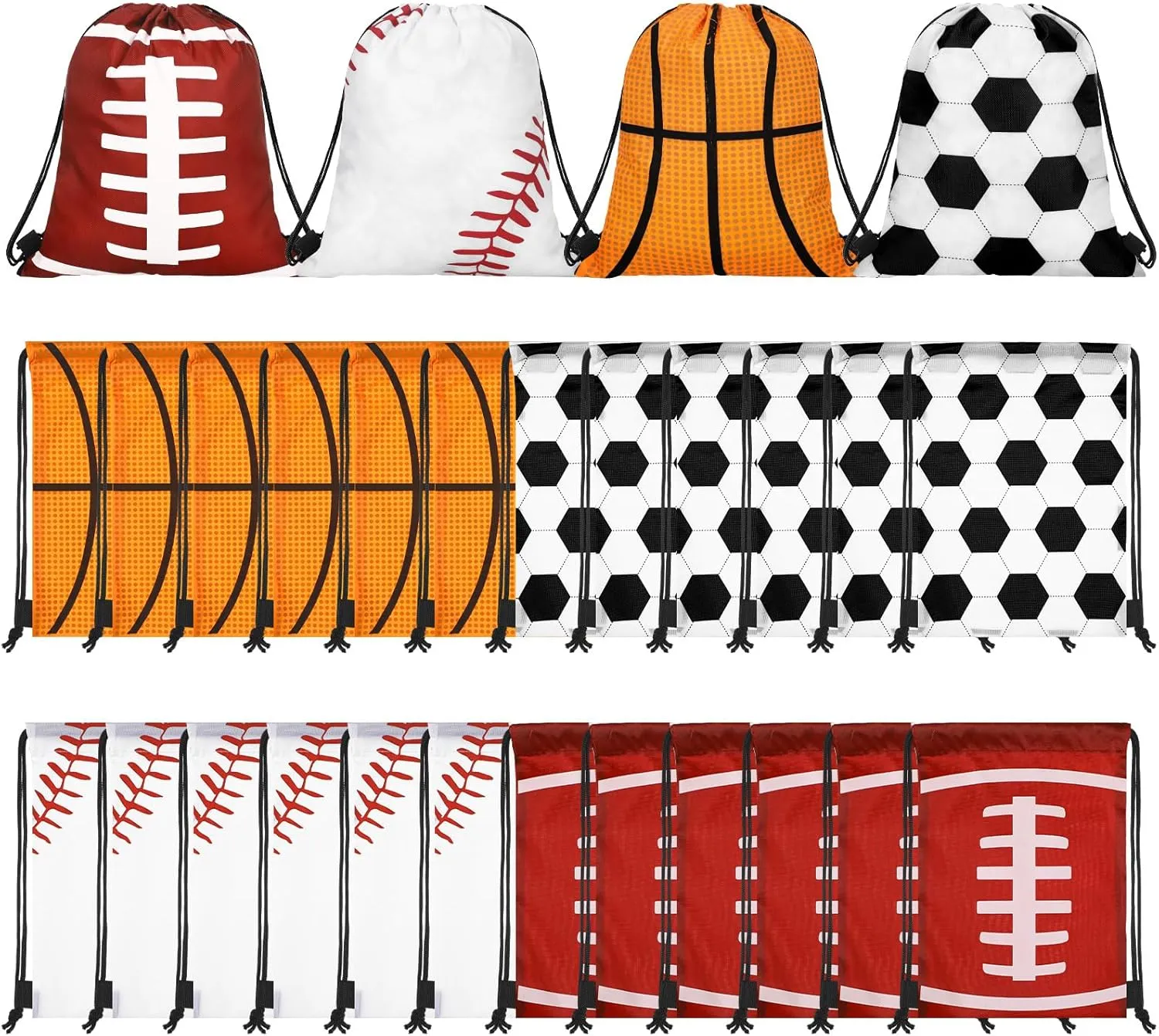 Tanlade 24 Pcs Sport Drawstring Bags Cinch Sack Candy Drawstring Bag Sport Party Goodie Favor Bags Supplies Gifts for Sports Party Men Women (Mixed ball,7 x 10 Inch)