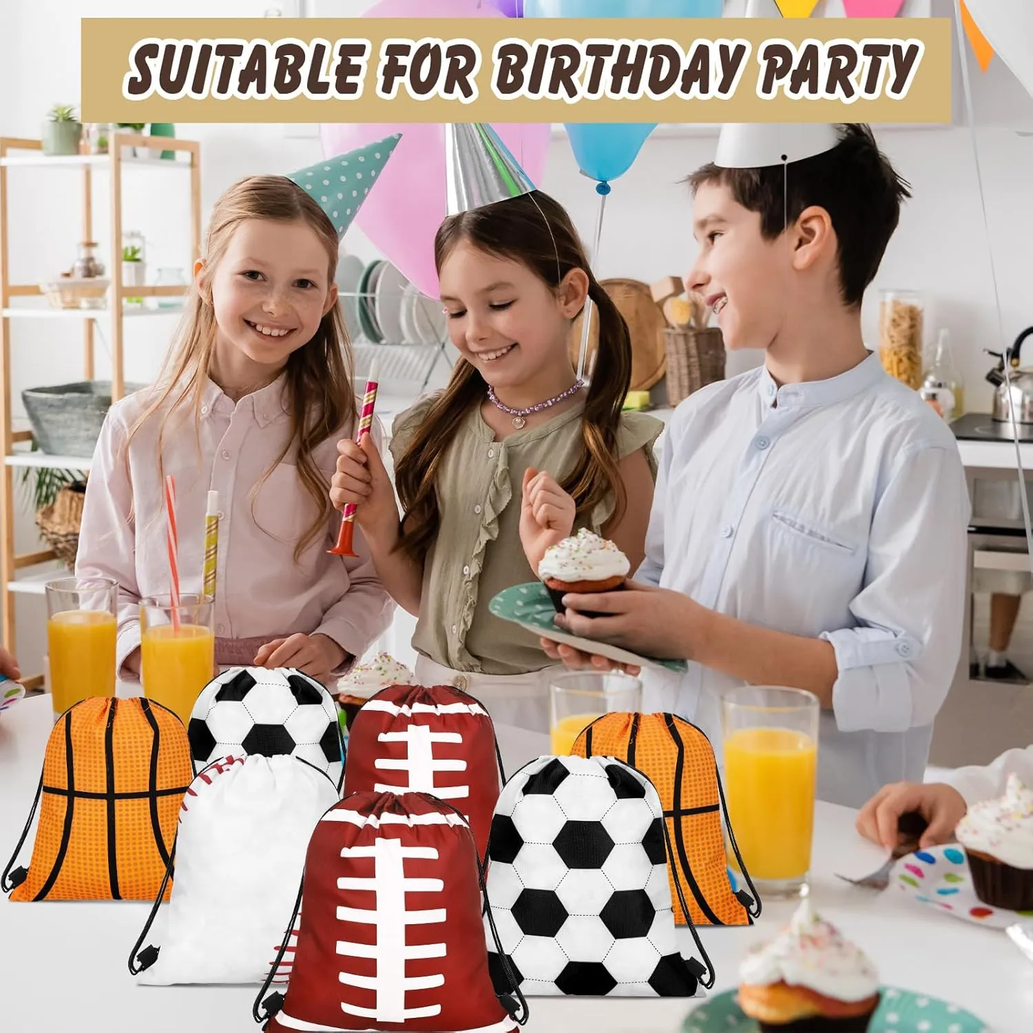 Tanlade 24 Pcs Sport Drawstring Bags Cinch Sack Candy Drawstring Bag Sport Party Goodie Favor Bags Supplies Gifts for Sports Party Men Women (Mixed ball,7 x 10 Inch)