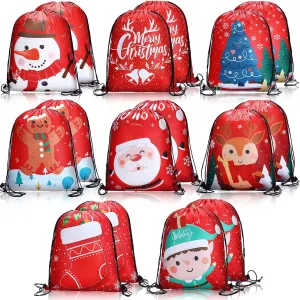 Tatuo 16 Pcs Christmas Drawstring Gift Bags Drawstring Backpack Christmas Tree Santa Snowman Elk Stockings Gift Wrap Bags Xmas Goodie Backpack for Birthday Holiday Party Decor Supplies