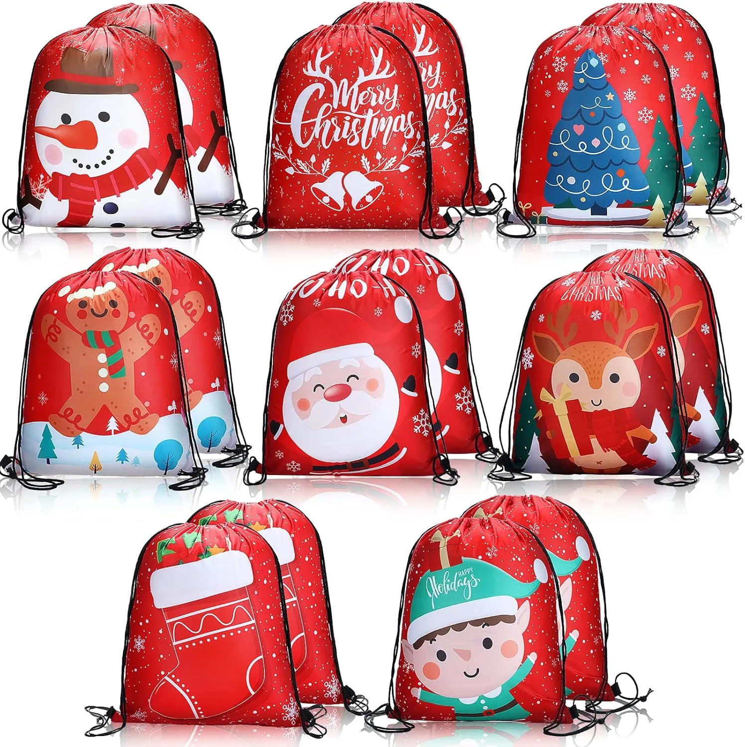 Tatuo 16 Pcs Christmas Drawstring Gift Bags Drawstring Backpack Christmas Tree Santa Snowman Elk Stockings Gift Wrap Bags Xmas Goodie Backpack for Birthday Holiday Party Decor Supplies